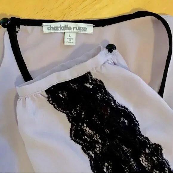 CHARLOTTE RUSSE Light & Silky Lilac Blouse with Black Lace Embellished Sleeves - Picture 2 of 4
